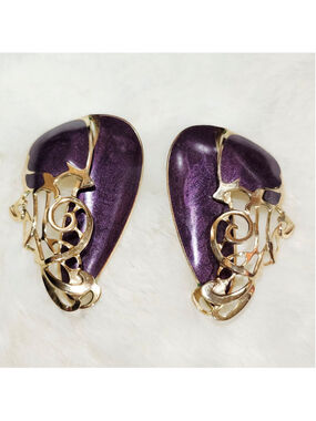 Purple Gold Signed Edgar Berebi 1980s Enamel Dangle Stud Earrings